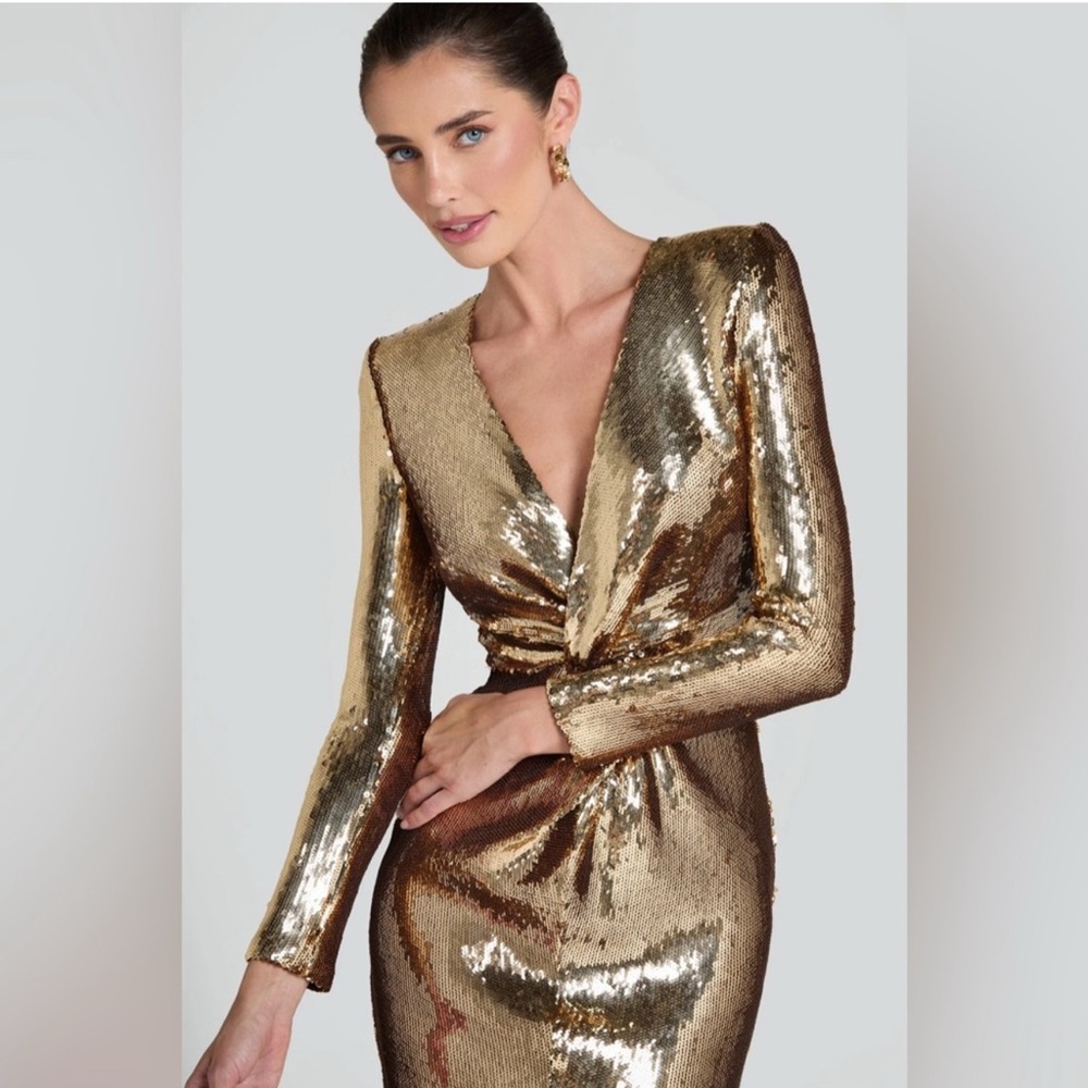NWT Nadine Merabi Jodie Gold Long Sleeve Sequin Dress size XS